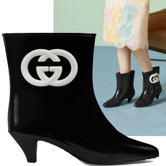 GUCCI BOOTS GENE BLACK RUBBER ANKLE BOOTIES INTERLOCKING G LOGO sz 37G US 7 - Picture 1 of 14